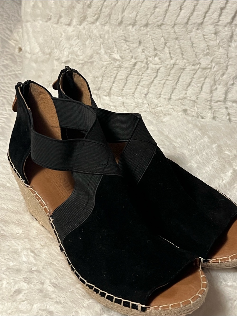 gentle souls Black Suede Espadrille Wedge Sandals with Elastic Cross Straps